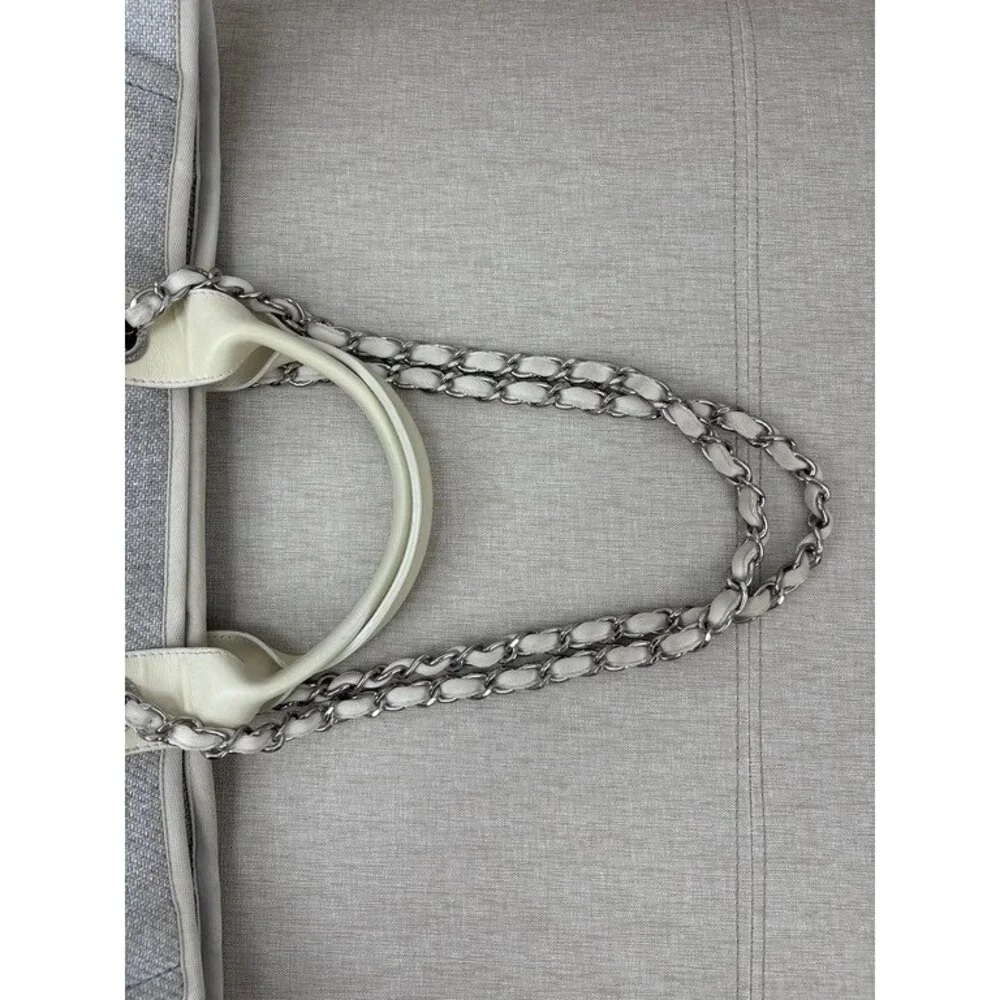 CHANEL Grey Raffia Deauville Shopping Bag Medium SHW